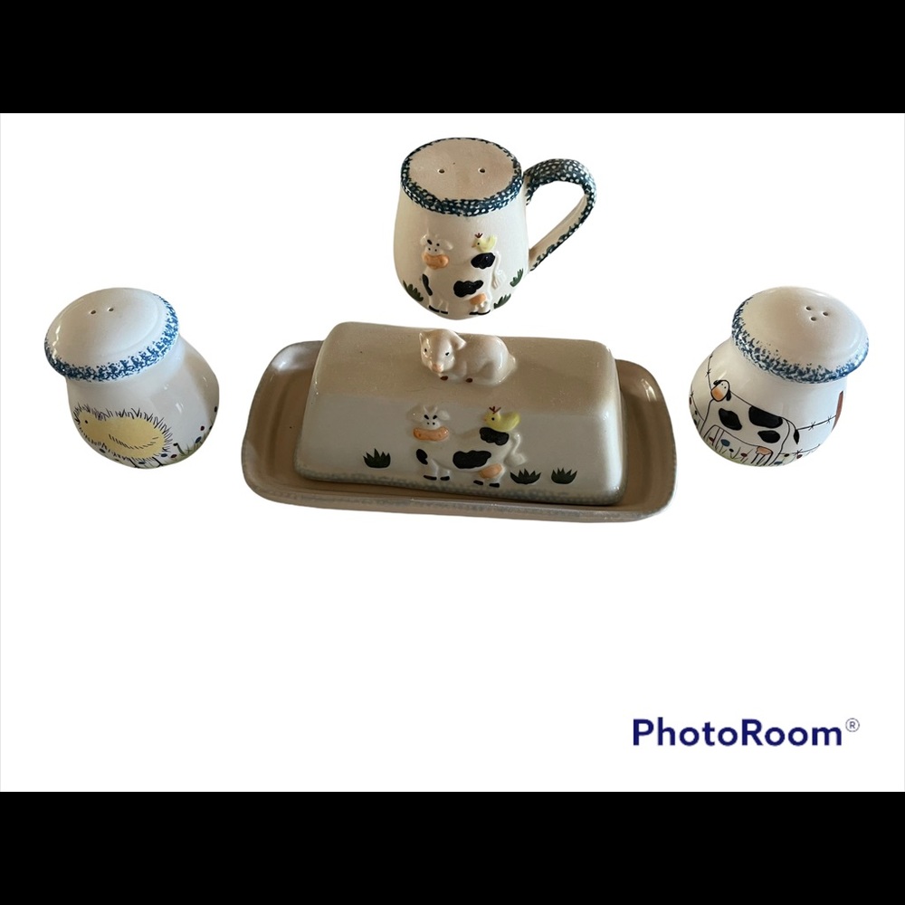 Vtg. Country, Farm Butter Dish, Salt, Pepper 5 Peace Set